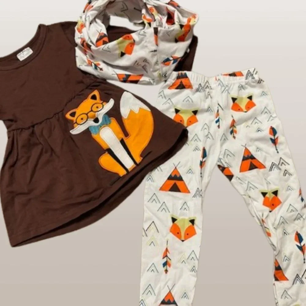 Brown Fox TeePee Shirt, Pant & Scarf Set  4127  XS 2T  NWT Boutique
